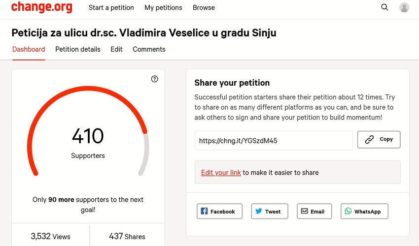Peticija da Vladimir Veselica dobije ulicu poslana Gradskom vijeću