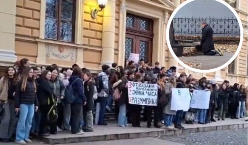 Nadrealne scene u Novom Sadu: Učenici blokiraju gimnaziju, direktor kleči pored drveta i moli se (VIDEO)